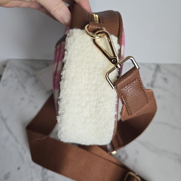 Shiraleah, New, Mirabel Camera Crossbody Purse Pink Plaid Sherpa Flannel Bag - Picture 6 of 13